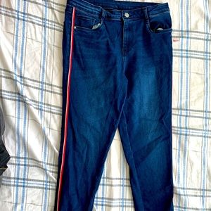 Jeans blue with red and white stripes